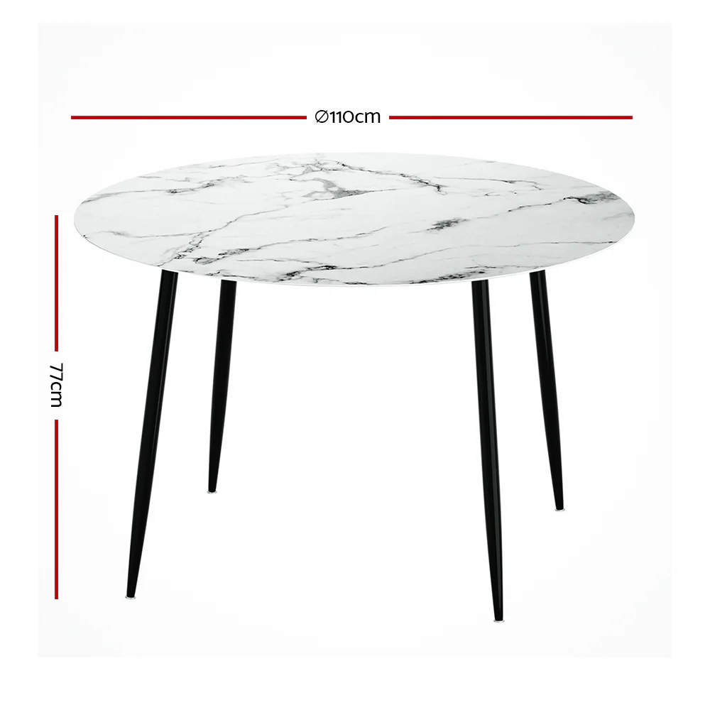 Dining Table Round Wooden Table With Marble Effect Metal Legs 110CM White - Nurns