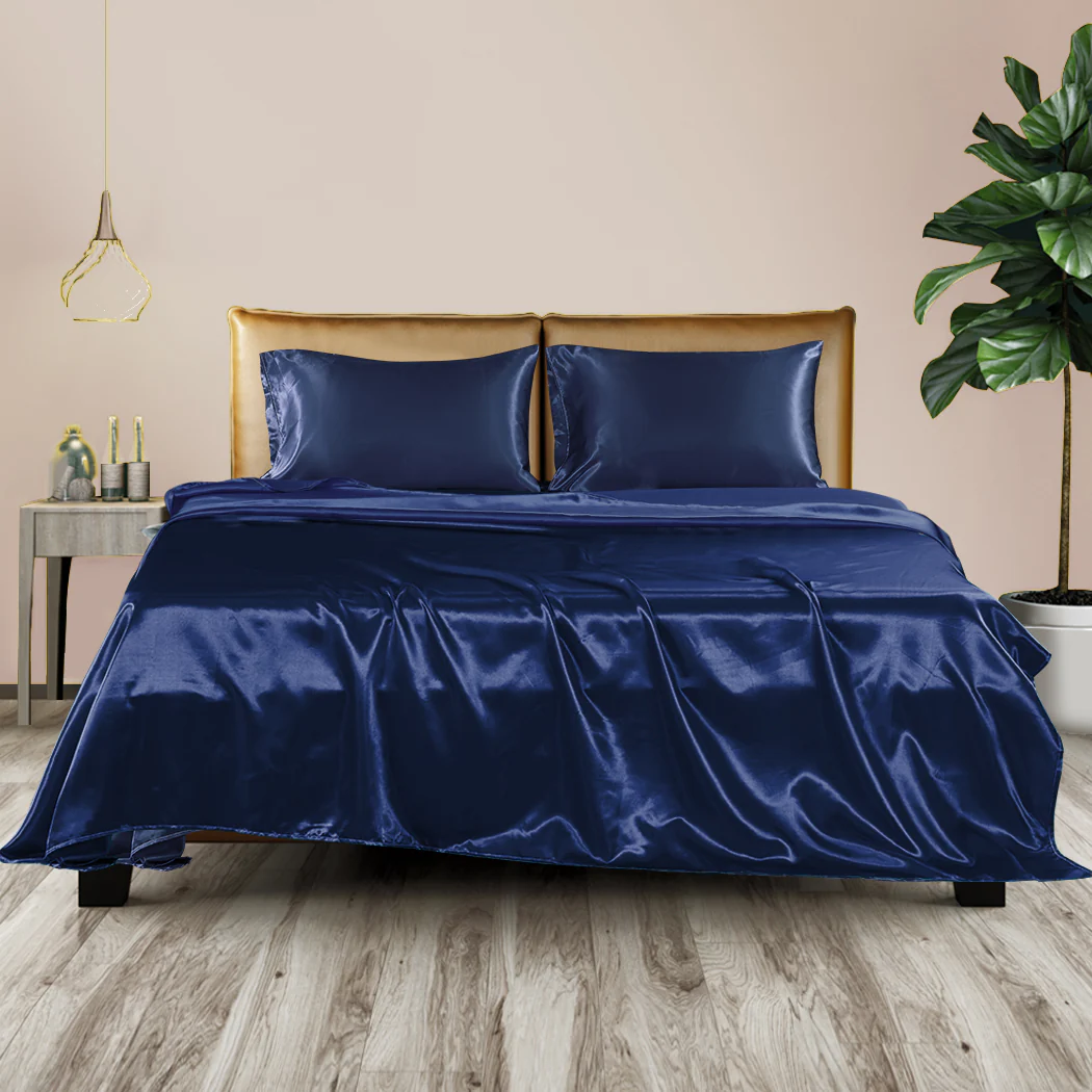 Queen Dreamz Silky Satin Sheets Fitted Flat Blue - Nurns