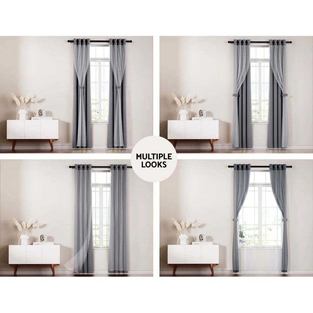 Set of 2 132x242cm Blockout Sheer Curtains Charcoal - Nurns