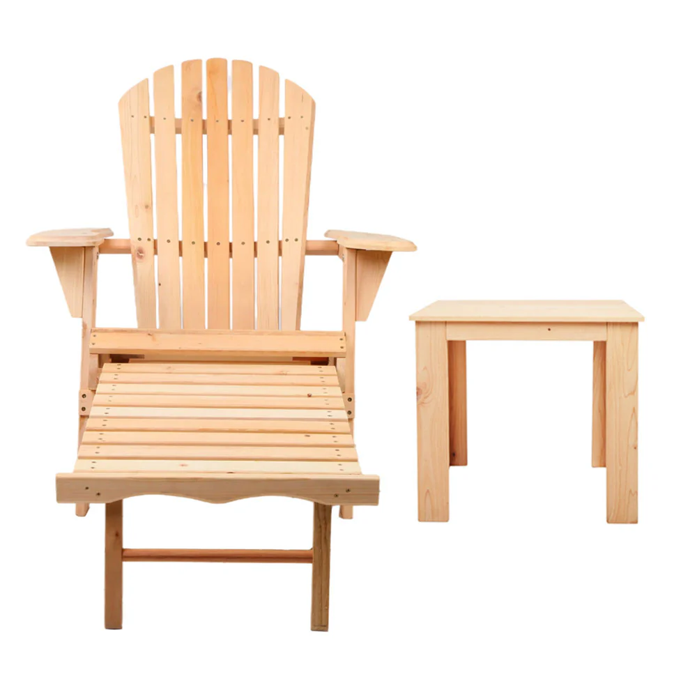 Adirondack Gardeon 3PC Outdoor Table and Chairs? Wooden Sun Lounge Beach Patio Natural - Nurns