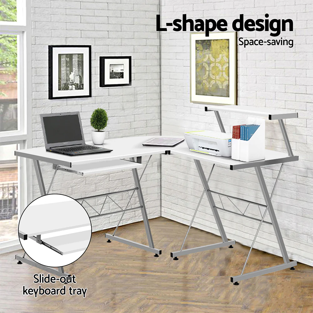 Artiss Computer Desk L-Shape Keyboard Tray Shelf White - Nurns