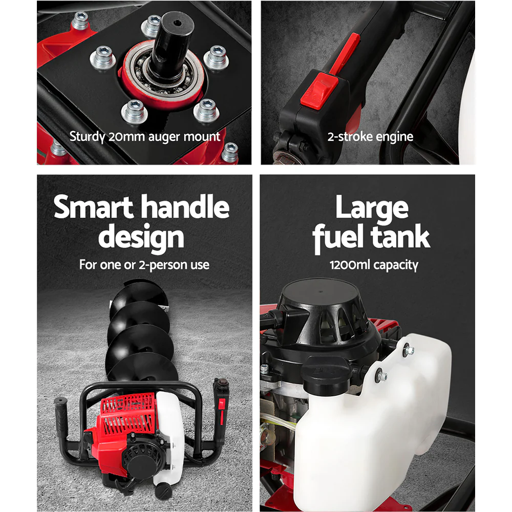 92cc Post Hole Digger 200mm Petrol Drill Extension Auger Bits - Nurns