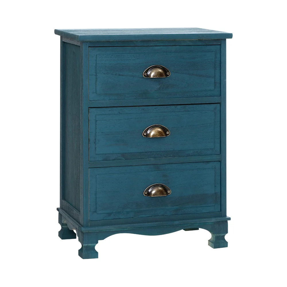 Gander Wooden Vintage Bedside Tables Side Table Cabinet Vintage Storage Nightstand with 3 Drawers - Blue - Nurns