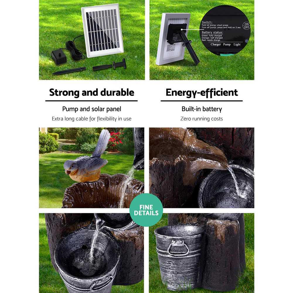 Solar Water Feature Cascading Fountain 3-Tier Bucket LED light Bird 76cm - Nurns