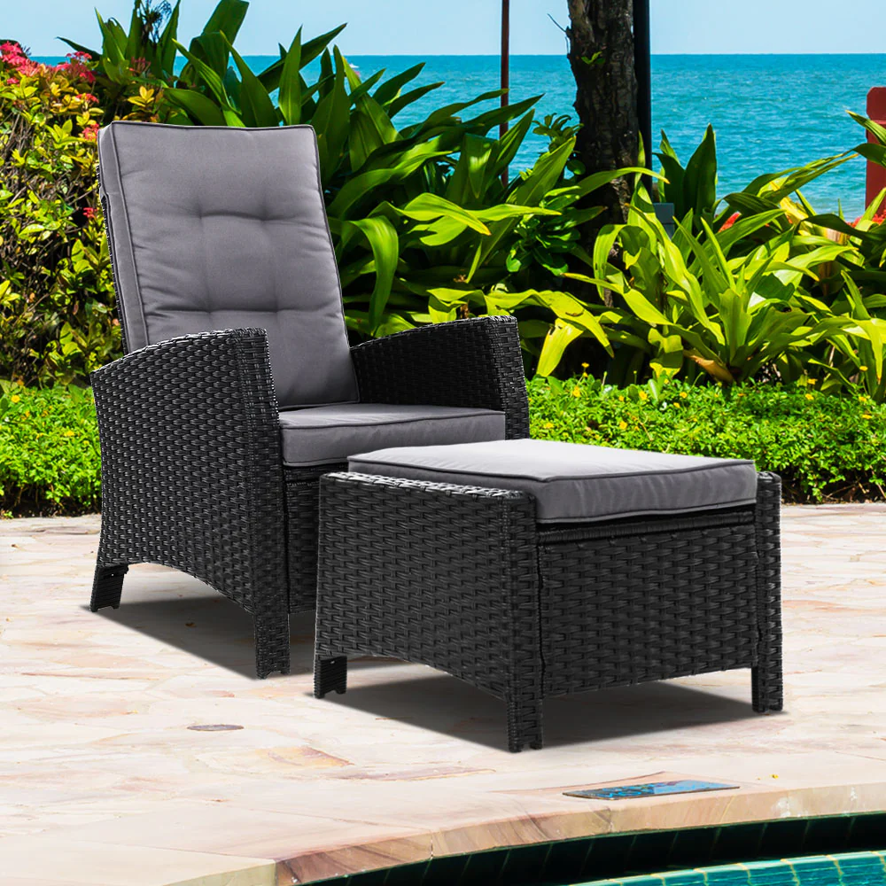 Dursley Recliner Chair Outdoor Furniture Setting Patio Wicker Sofa Chair and Ottoman - Black - Nurns