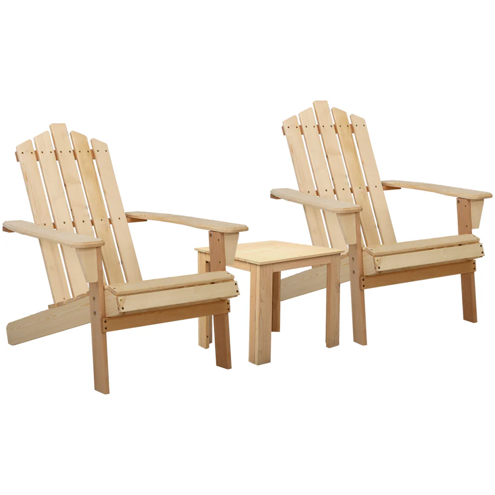 Adirondack Gardeon 3PC Outdoor Table and Chairs Wooden Beach Chair Natural - Nurns