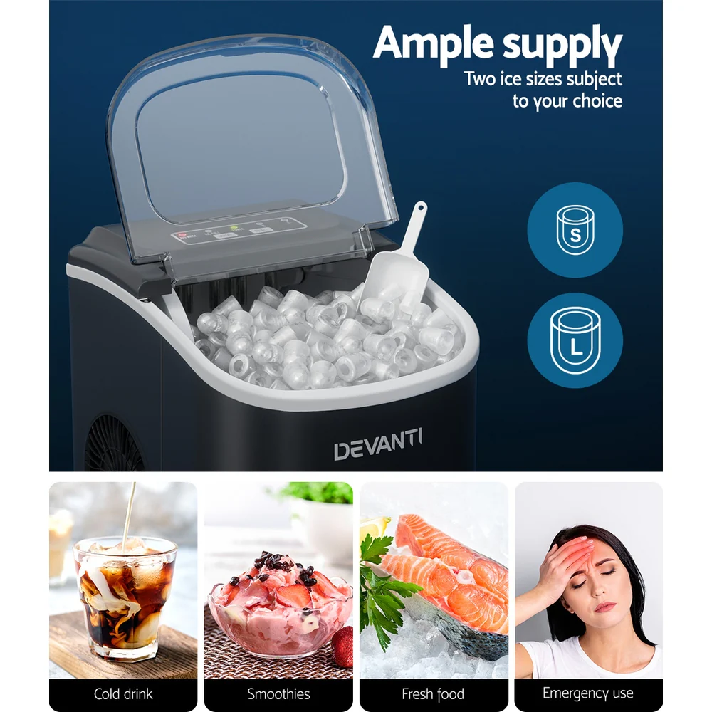 Devanti Portable Ice Maker Machine Ice Cube Tray 12kg Bar Countertop Black - Nurns