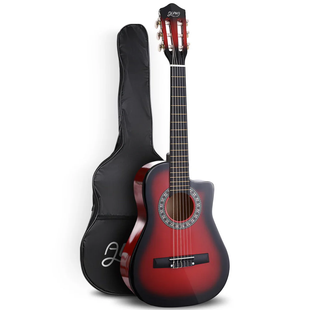 Alpha 34 Inch Classical Guitar Wooden Body Nylon String Beginner Kids Gift Red - Nurns