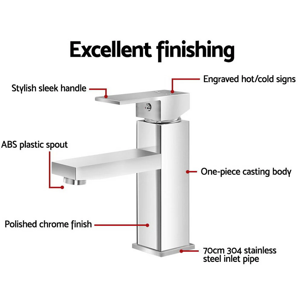 Bathroom Basin Mixer Tap Square Faucet Vanity Laundry Chrome - Nurns