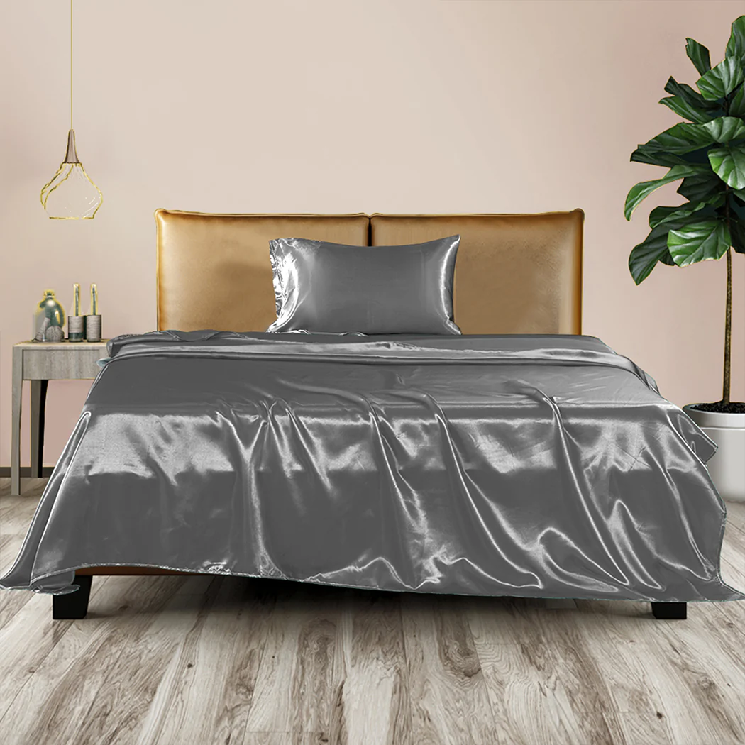 Single Dreamz Silky Satin Sheets Fitted Flat Grey Dark Grey - Nurns