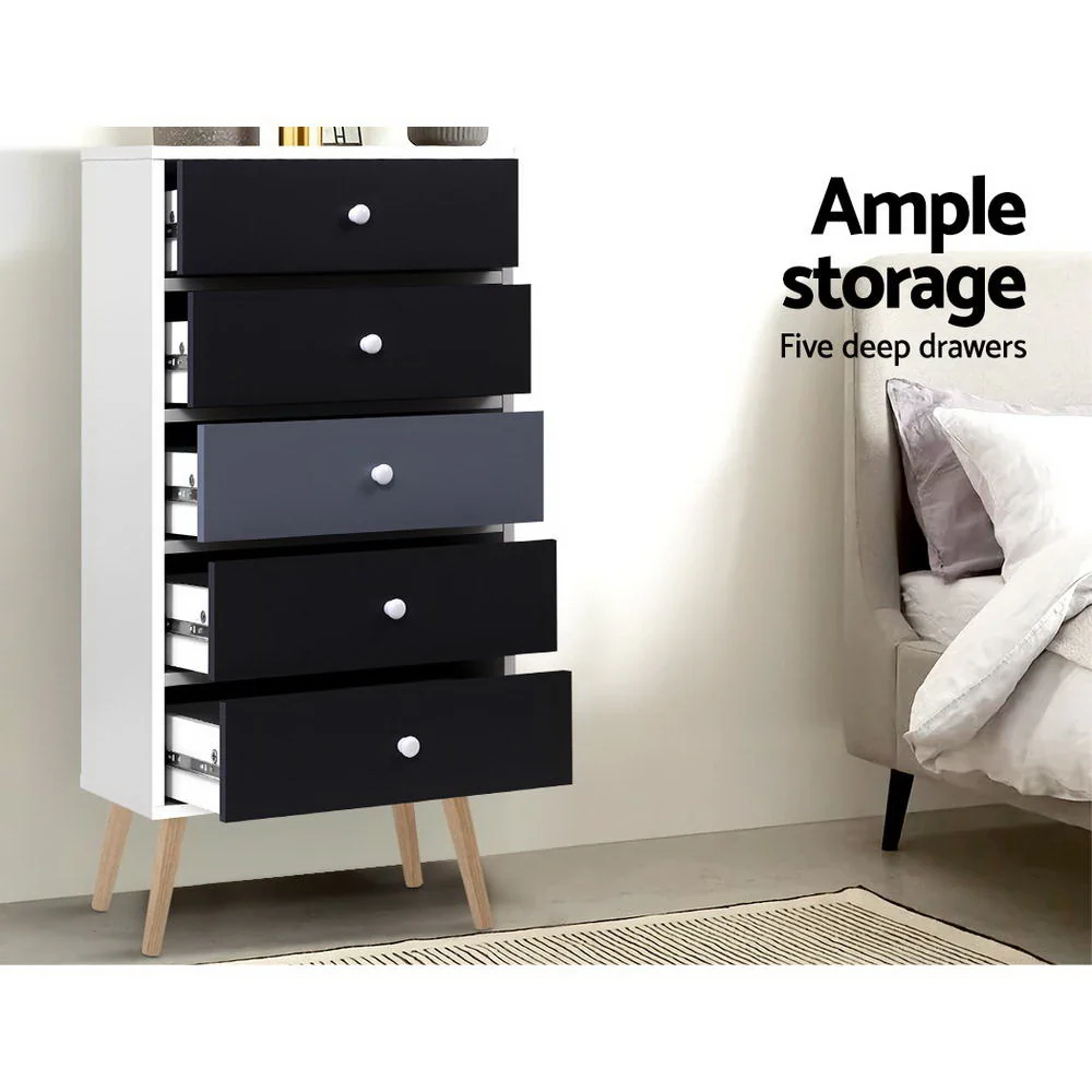 Artiss 5 Chest of Drawers - White & Black - Nurns