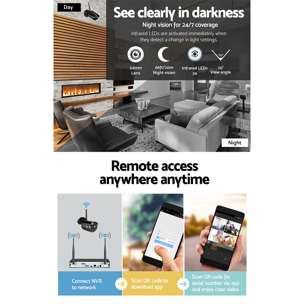 Wireless CCTV Security System 8CH NVR 3MP 4 Bullet Cameras 1TB - Nurns