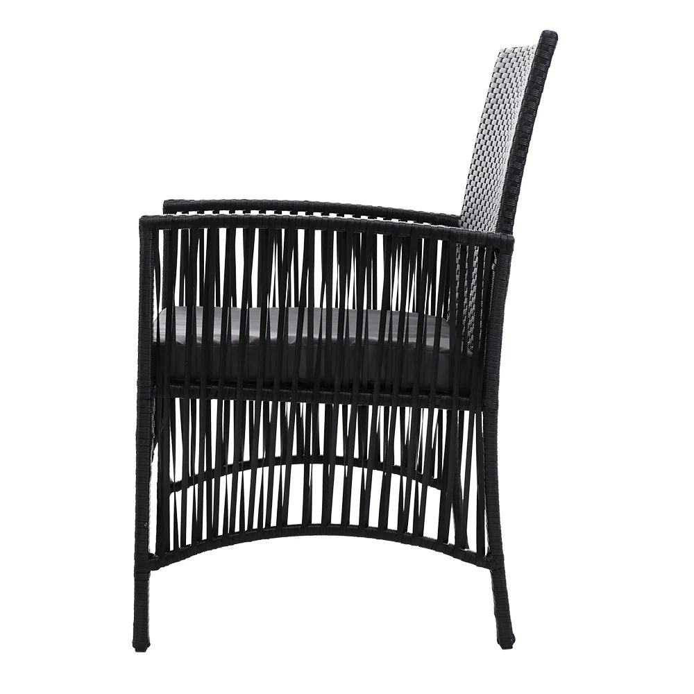 Shanklin 2-Seater Chairs Wicker Garden Patio Cushion Tea Coffee Cafe Bar 3-Piece Outdoor Furniture - Black - Nurns