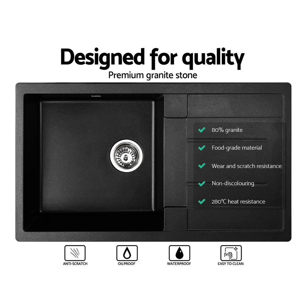Stone Kitchen Sink 860X500MM Granite Under/Topmount Basin Bowl Laundry Black - Nurns