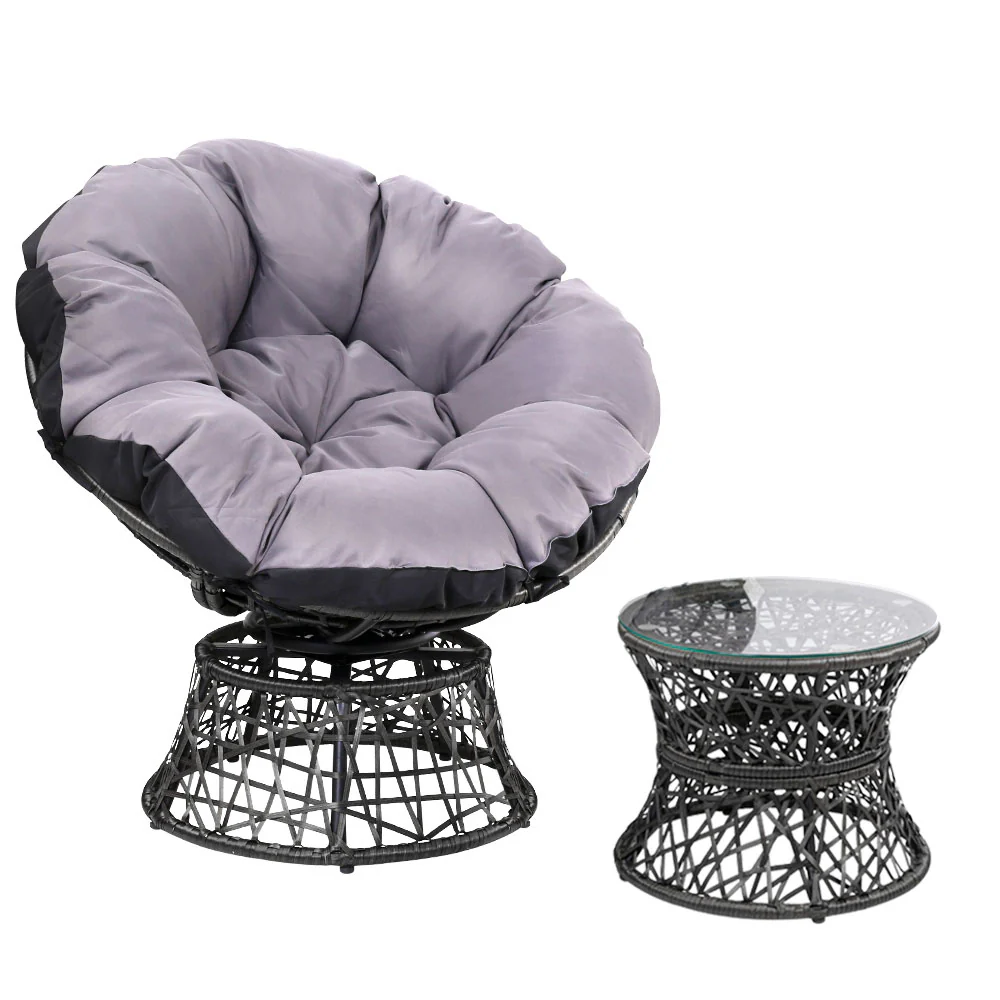 Outdoor Lounge Setting Papasan Chair Wicker Table Garden Furniture - Black - Nurns