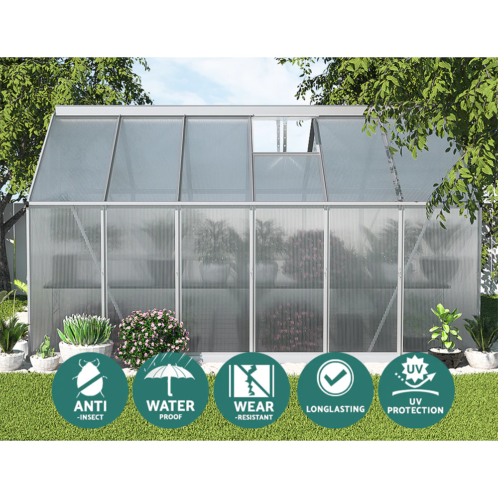 Greenfingers Greenhouse 3.6x2.5x1.95M Aluminium Polycarbonate Green House Garden Shed - Nurns