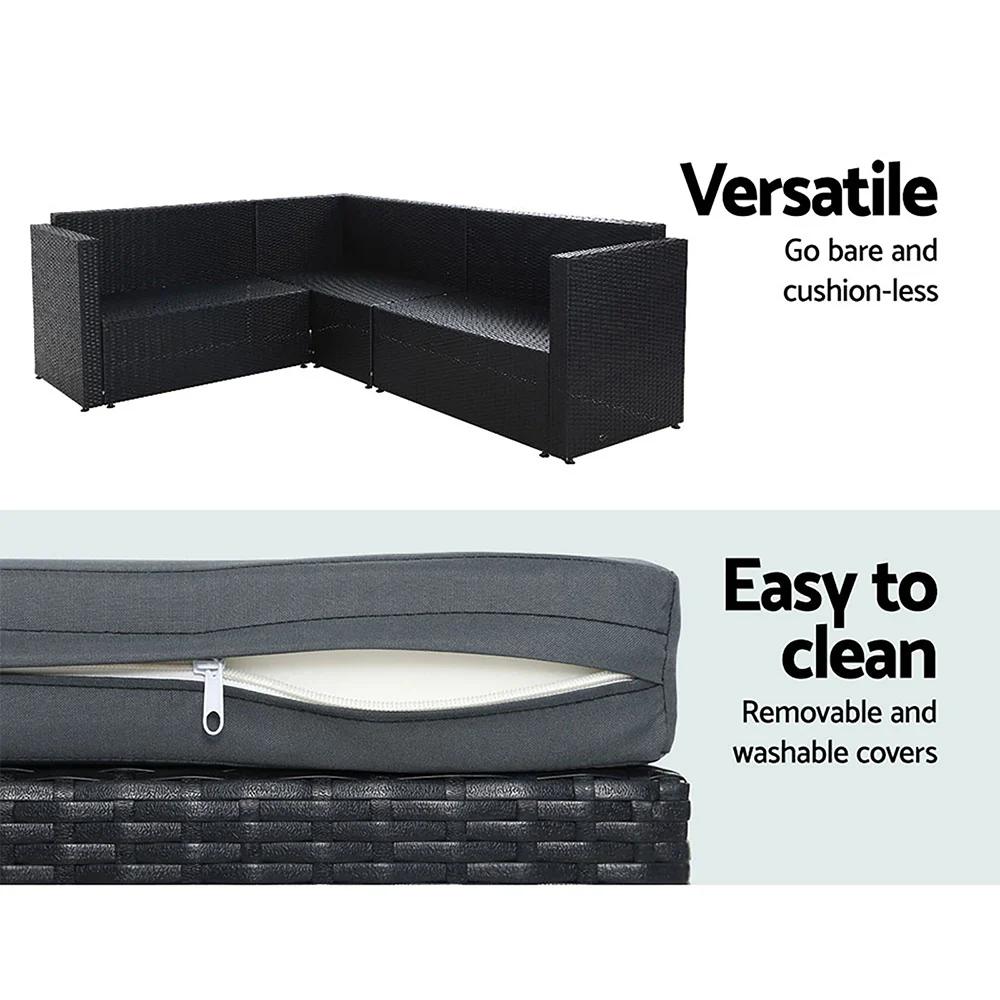 Alnwick 5-Seater Furniture Patio Set Table Chair Lounge Wicker Garden 6-Piece Outdoor Sofa - Black - Nurns