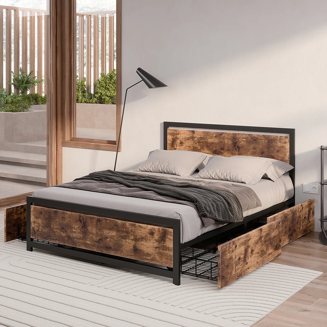 Ruth Metal Bed Frame Platform Wooden with 4 Drawers Rustic - Black & Wood Double - Nurns