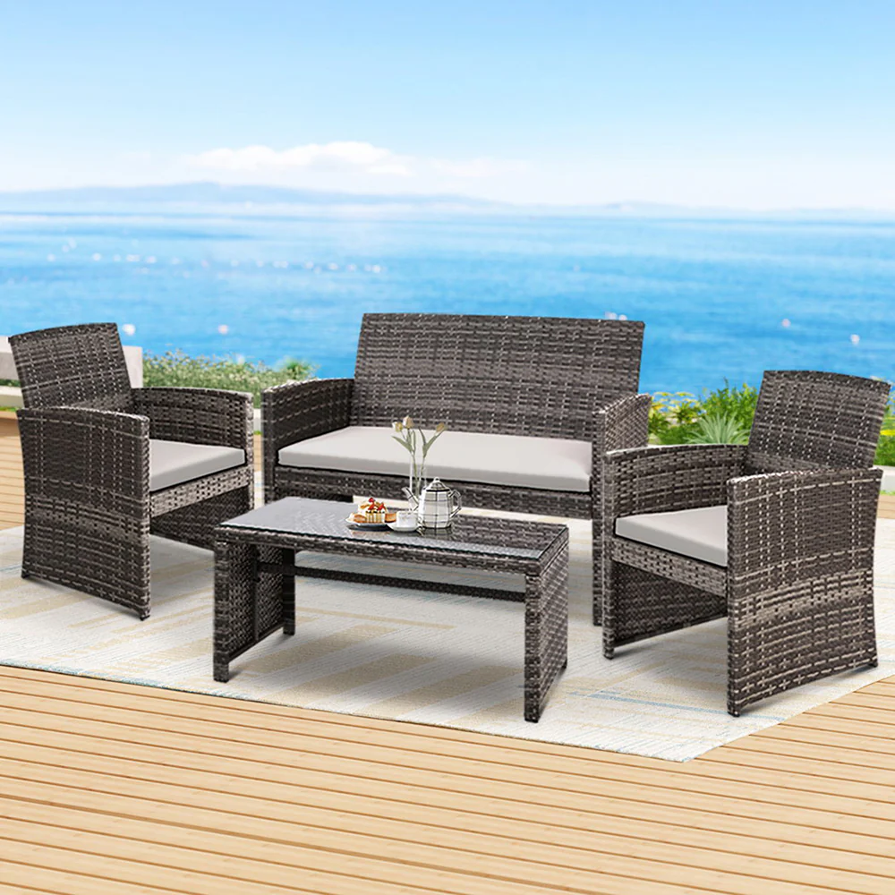 Slough 4-Seater Rattan Chair Table Setting Garden Furniture 4-Piece Outdoor Sofa Set - Grey - Nurns