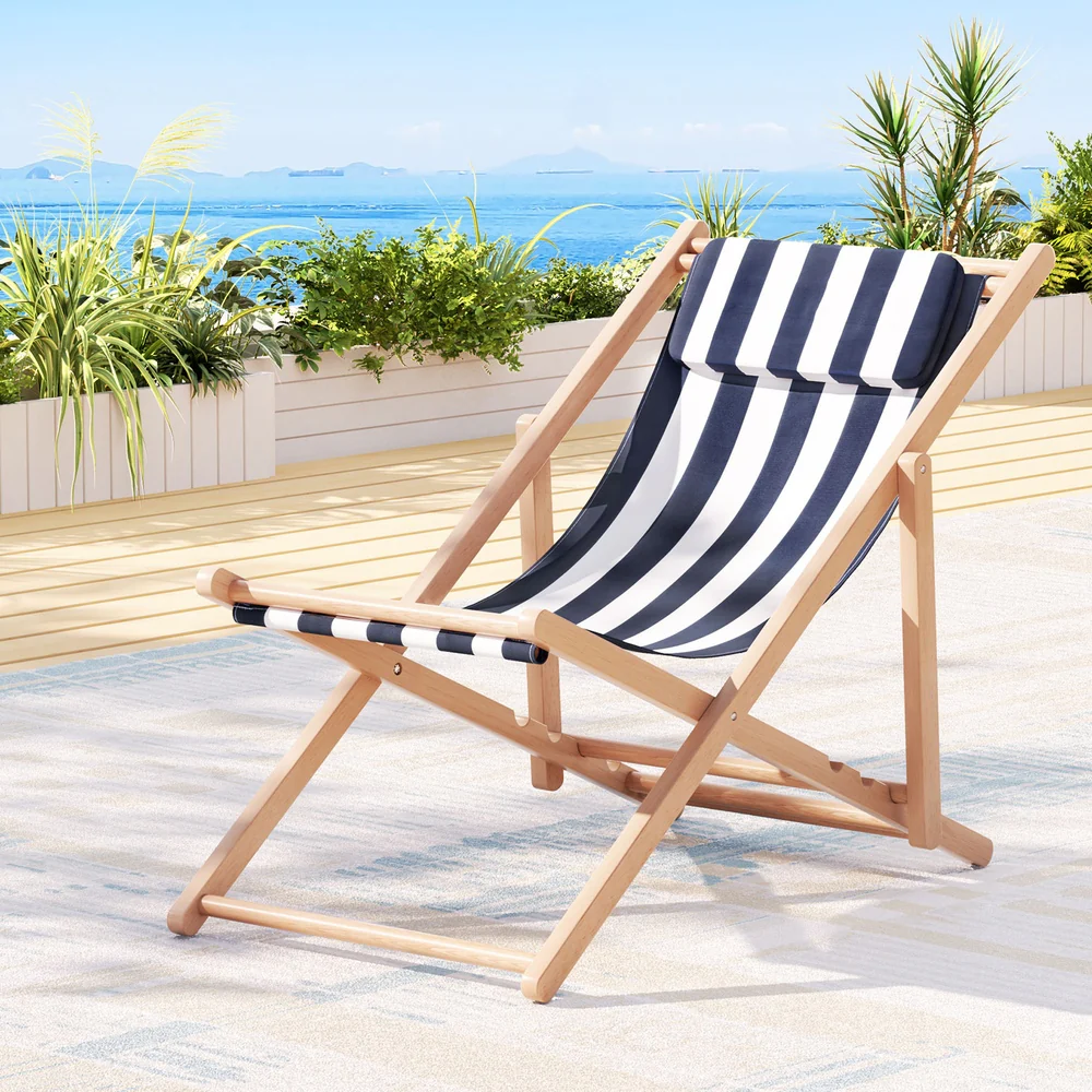 Damien Outdoor Chairs Sun Lounge Deck Beach Chair Folding Wooden Patio Furniture - Blue and White - Nurns