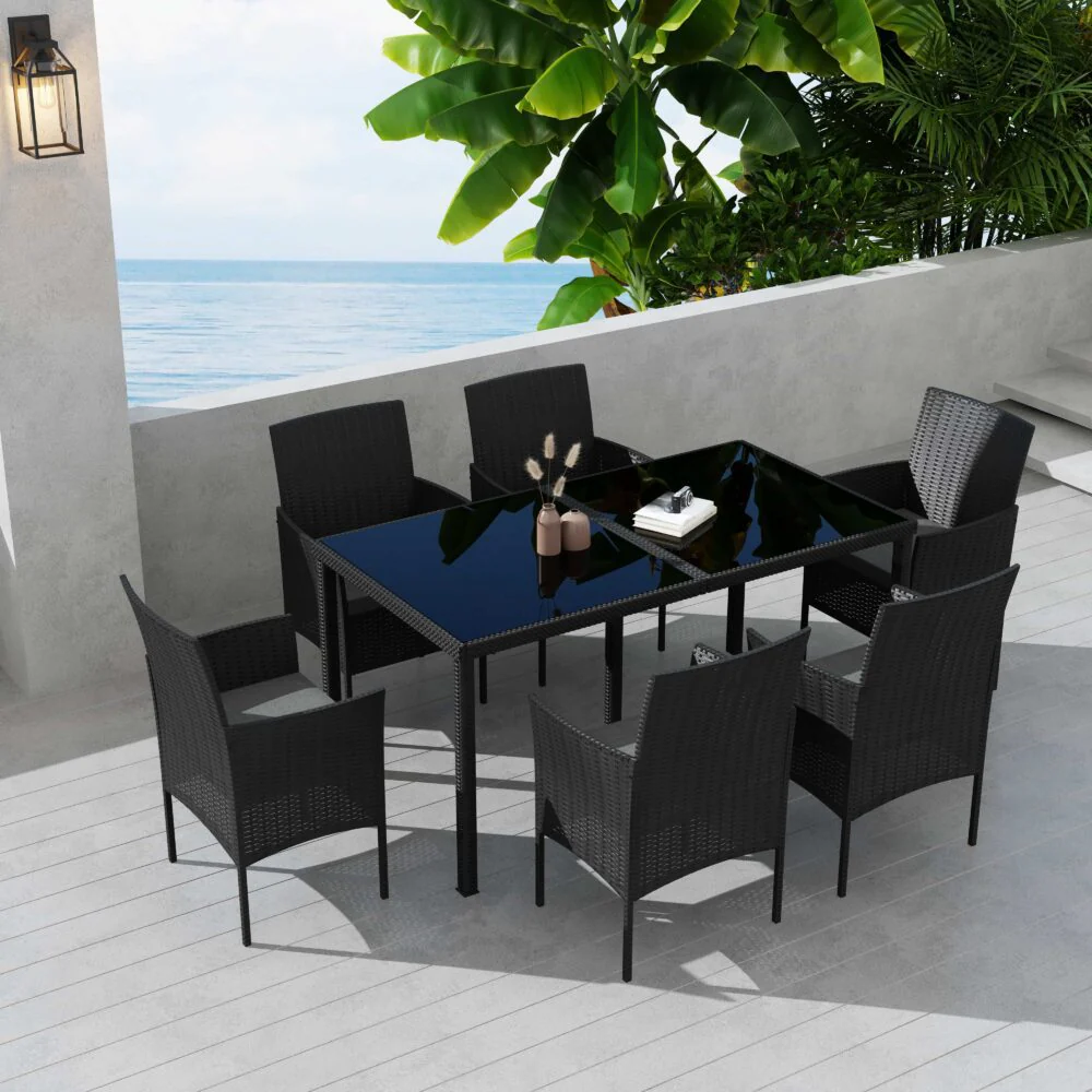 Larkin 6-Seater Minimalist Wicker 7-Piece Dining Set - Black - Nurns
