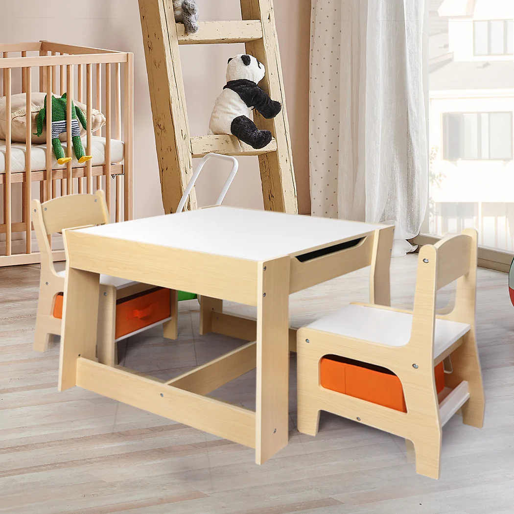 Phyllys 3-Piece Kids Table & Chairs Set Storage Box Toys Play Desk Wooden Study - White & Wood - Nurns