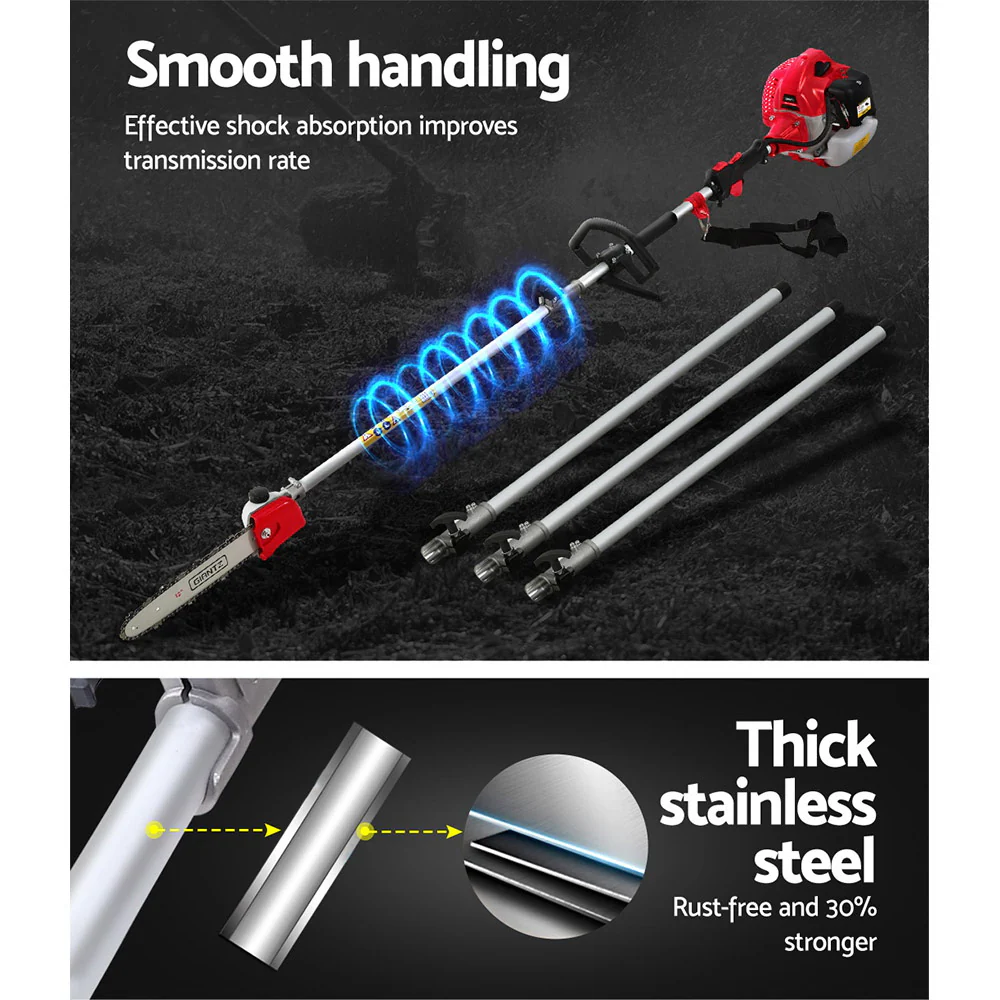 62CC Pole Chainsaw Hedge Trimmer Brush Cutter Whipper 7-in-1 5.6m Red - Nurns