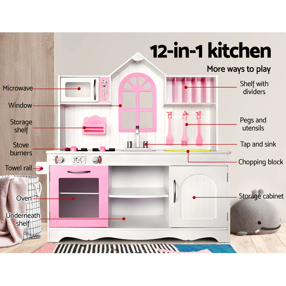 Kids Wooden Kitchen Play Set - White & Pink - Nurns