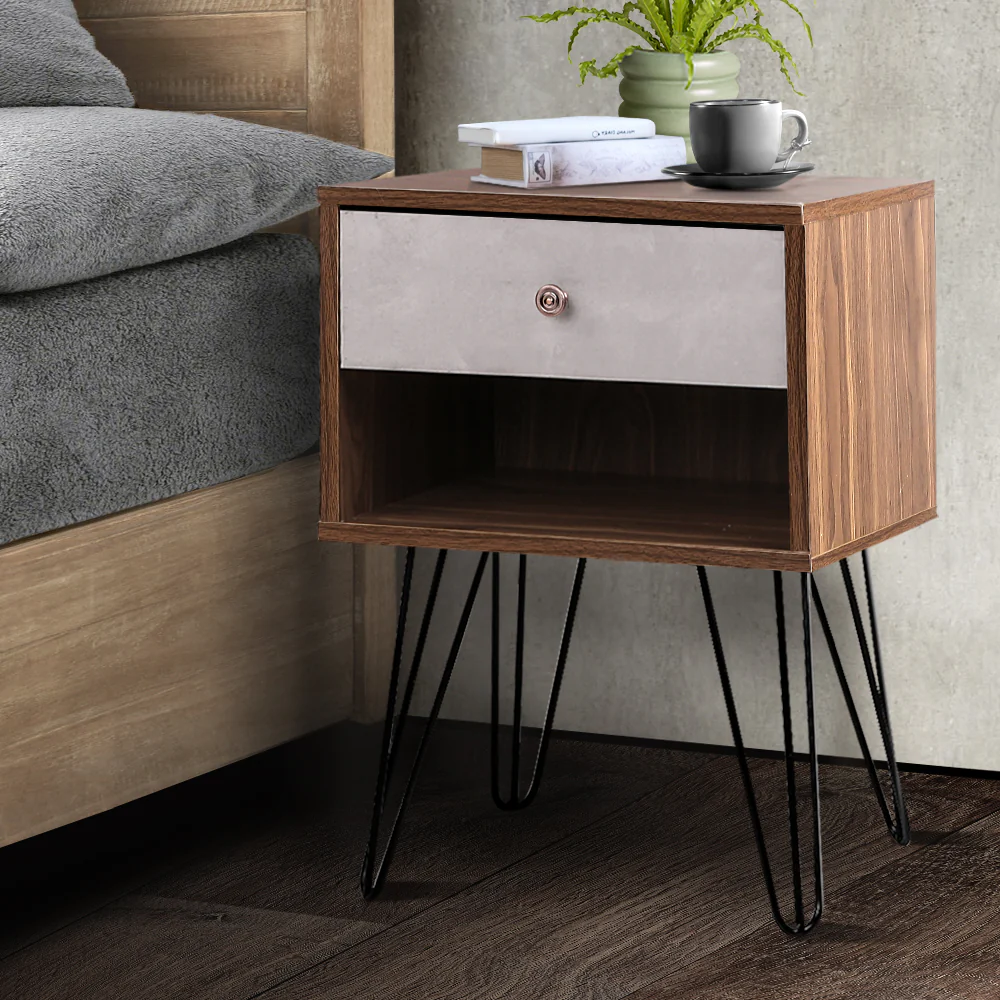 Thorold Wooden Bedside Tables - Grey & Walnut - Nurns