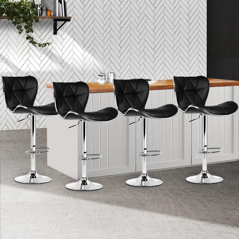 Set of 4 Liosia PU Leather Patterned Bar Stools - Black & Chrome - Nurns