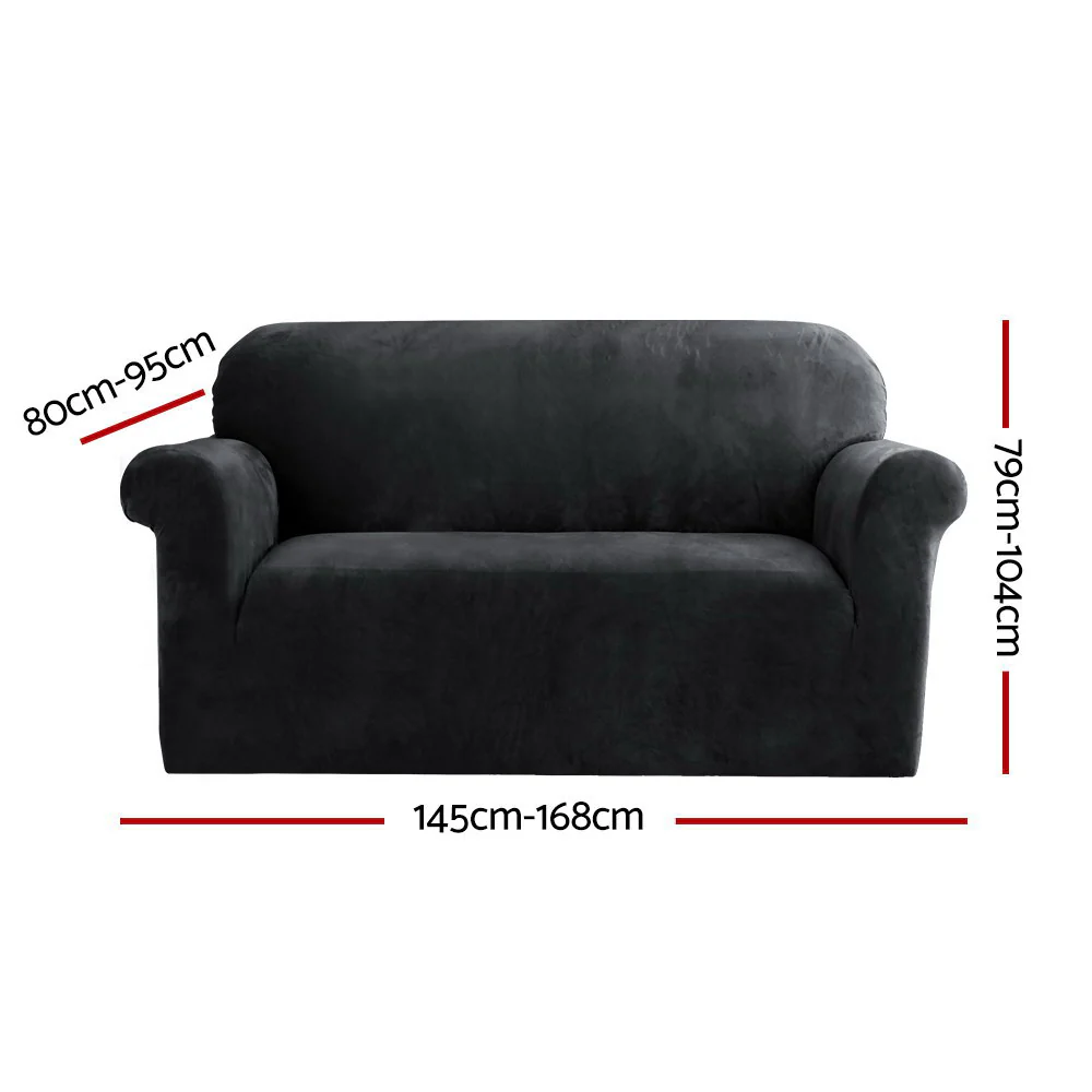 Velvet Sofa Cover Plush Couch Cover Lounge Slipcover 2-Seater Black - Nurns