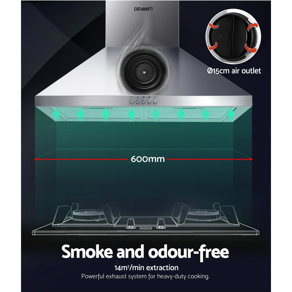 Devanti 600mm Range Hood 60cm Rangehood Stainless Steel - Nurns