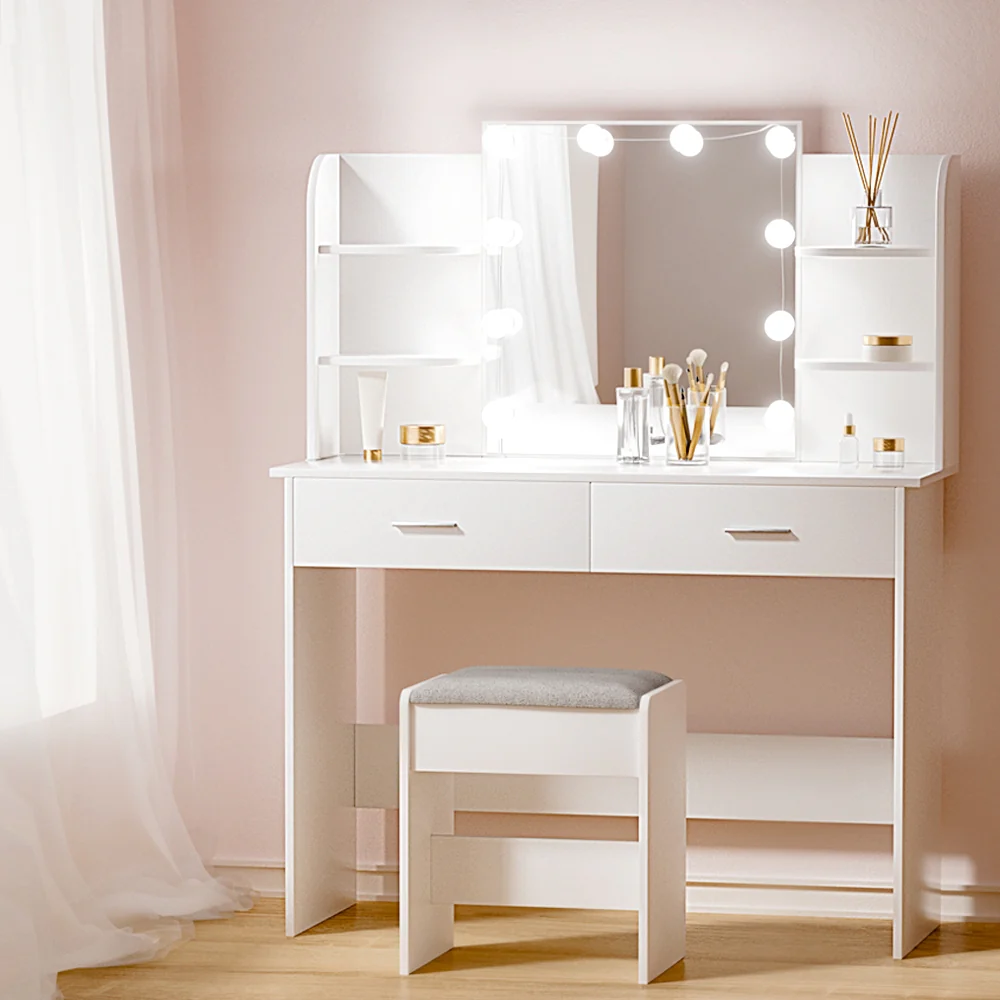 Dressing Table LED Makeup Mirror Stool Set 10 Bulbs Vanity Desk White - Nurns