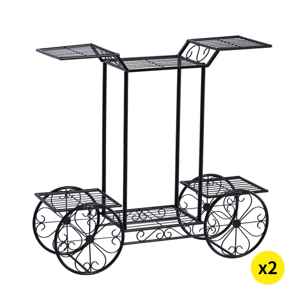 Set of 2 Plant Stand Outdoor Indoor Pot Garden Decor Flower Rack Wrought Iron 4Wheeler - Nurns