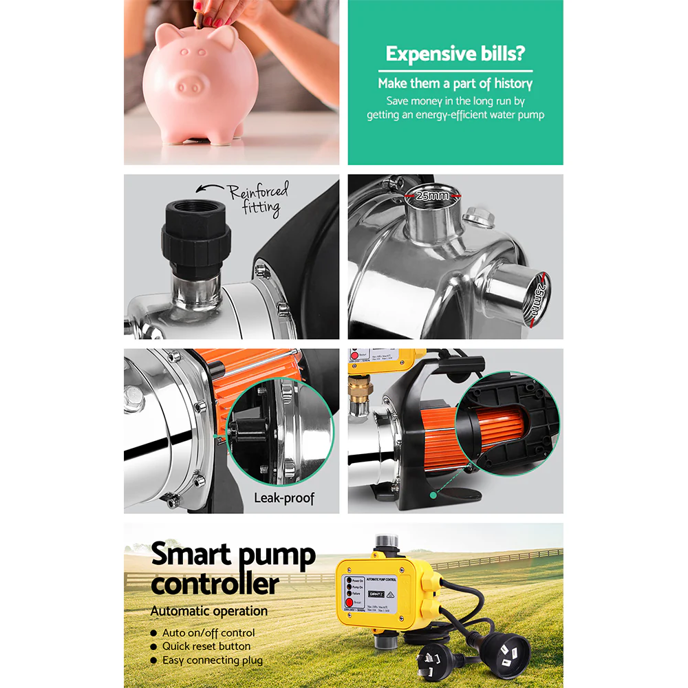 Garden Water Jet Pump High Pressure 800W Tank Rain Farm Irrigation Yellow - Nurns