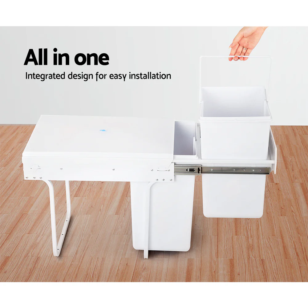 Pull Out Bin Kitchen Double Basket 2X20L White - Nurns