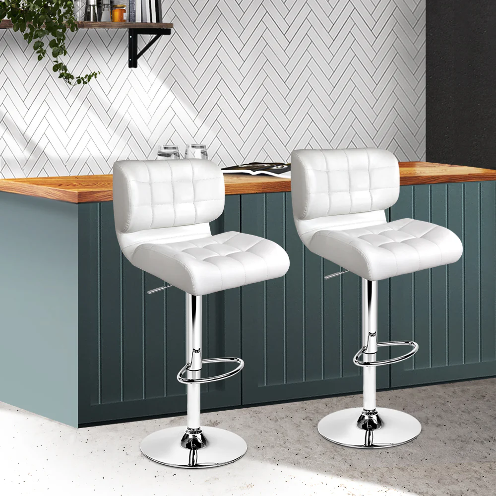 Set of 2 Genoa PU Leather Gas Lift Bar Stools - White & Chrome - Nurns