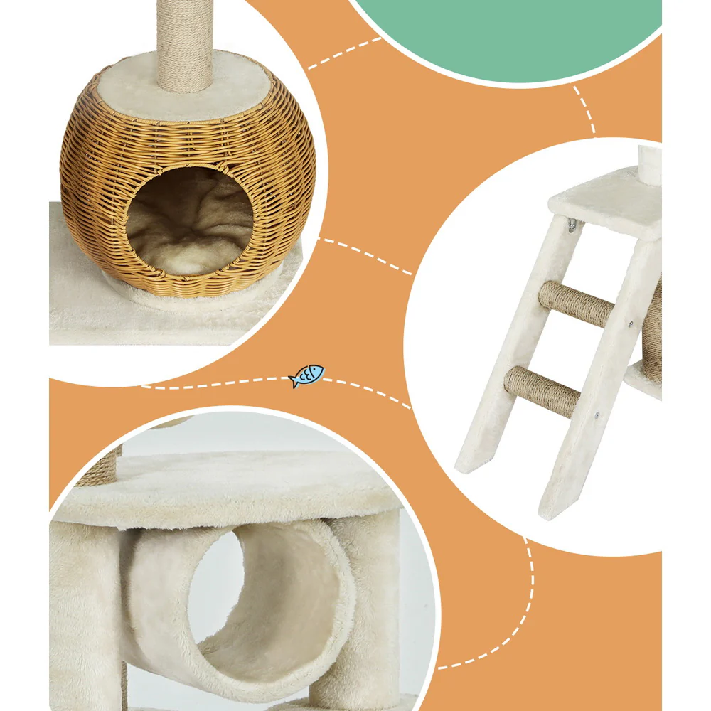 Cat Tree 138cm Tower Scratching Post Scratcher Wood Bed Condo House Rattan Ladder - Nurns