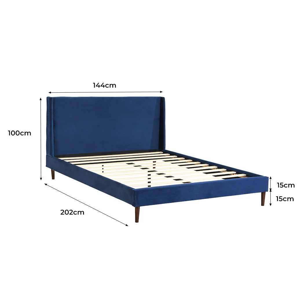 Erin Velvet Headboard Wooden Bed Frame - Blue Double - Nurns