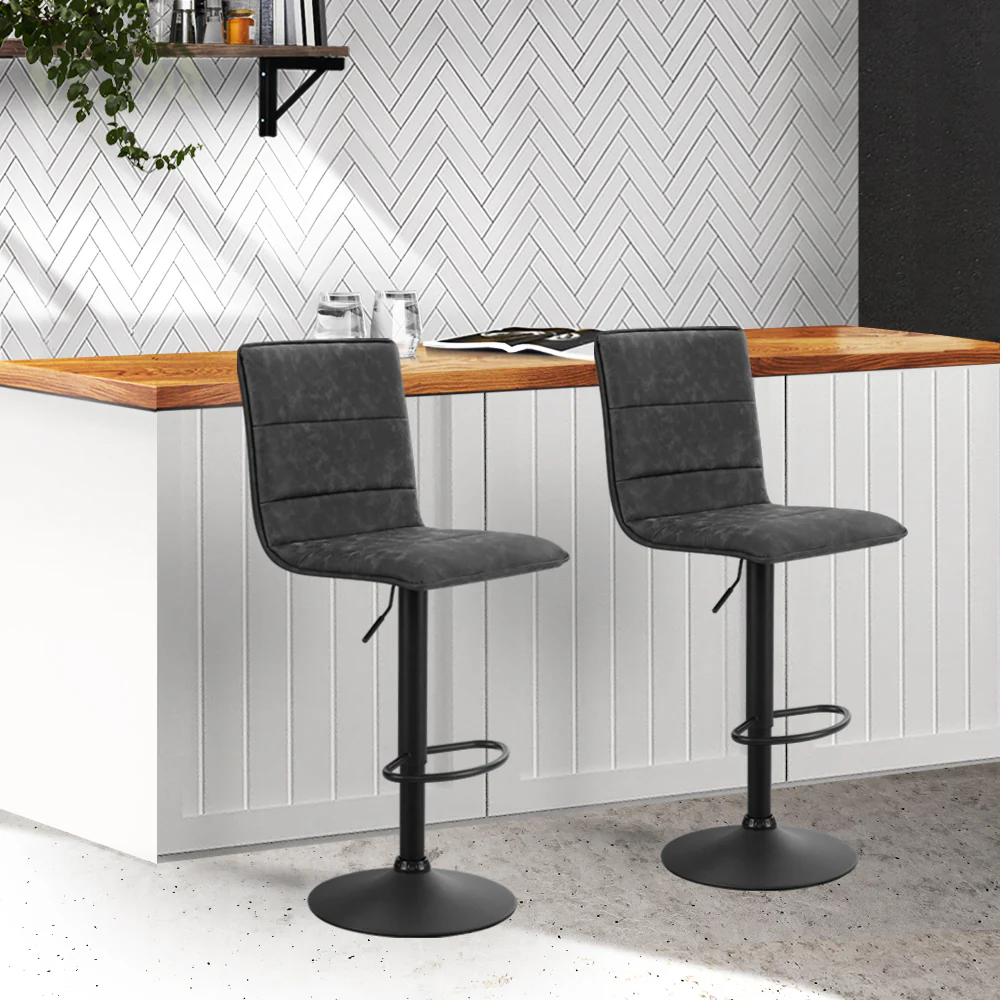 Set of 2 Almere Bar Stools PU Leather Smooth Line Style - Grey & Black - Nurns