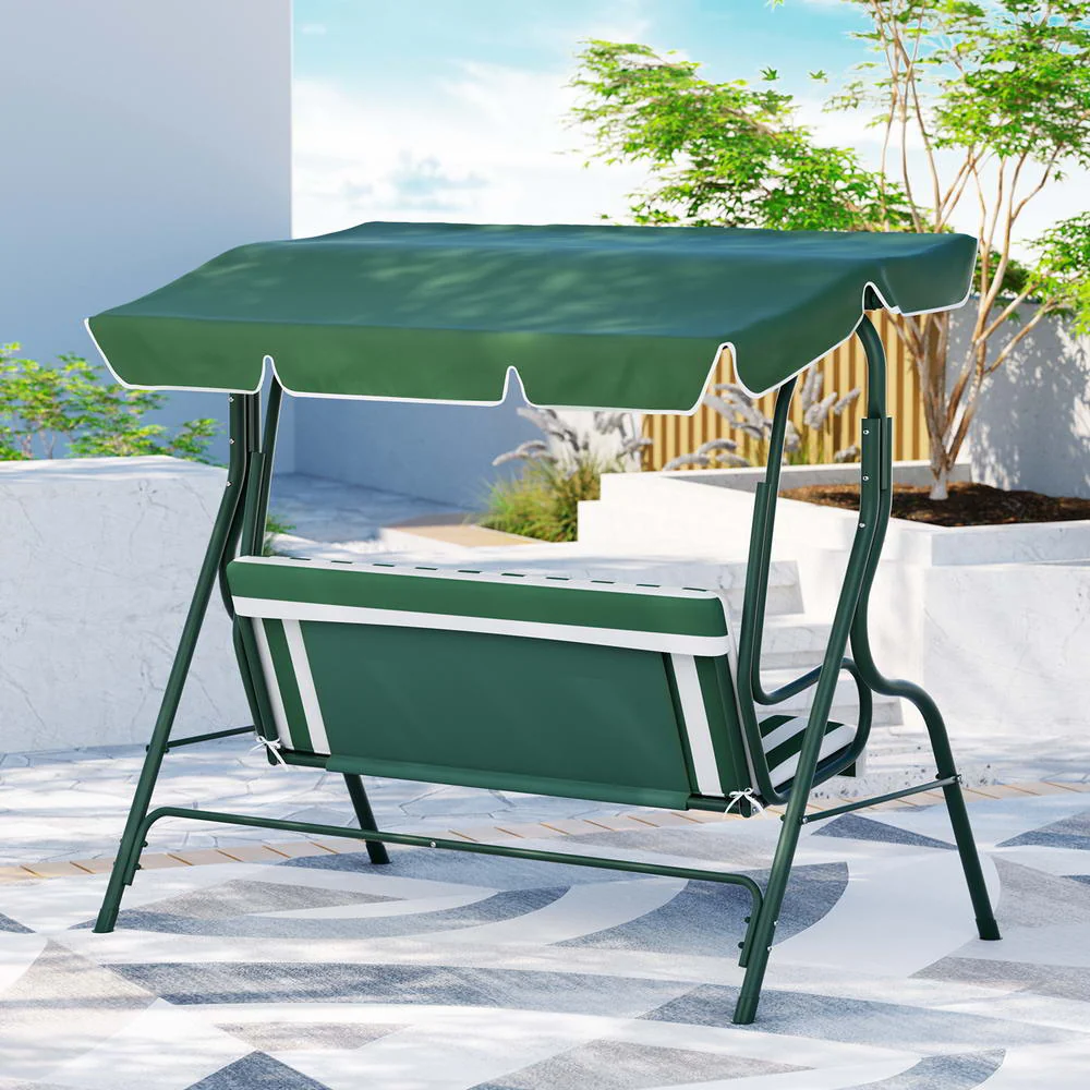 Astride Outdoor Swing Chair Garden Bench Furniture Canopy 3-Seater - White Green - Nurns