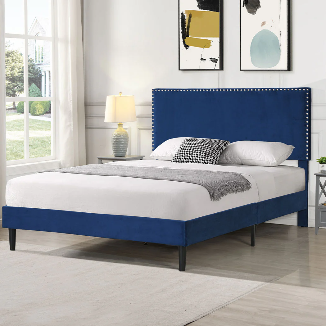 Velsen Bed Frame Base Platform Wooden Velvet with Headboard Blue - Queen - Nurns