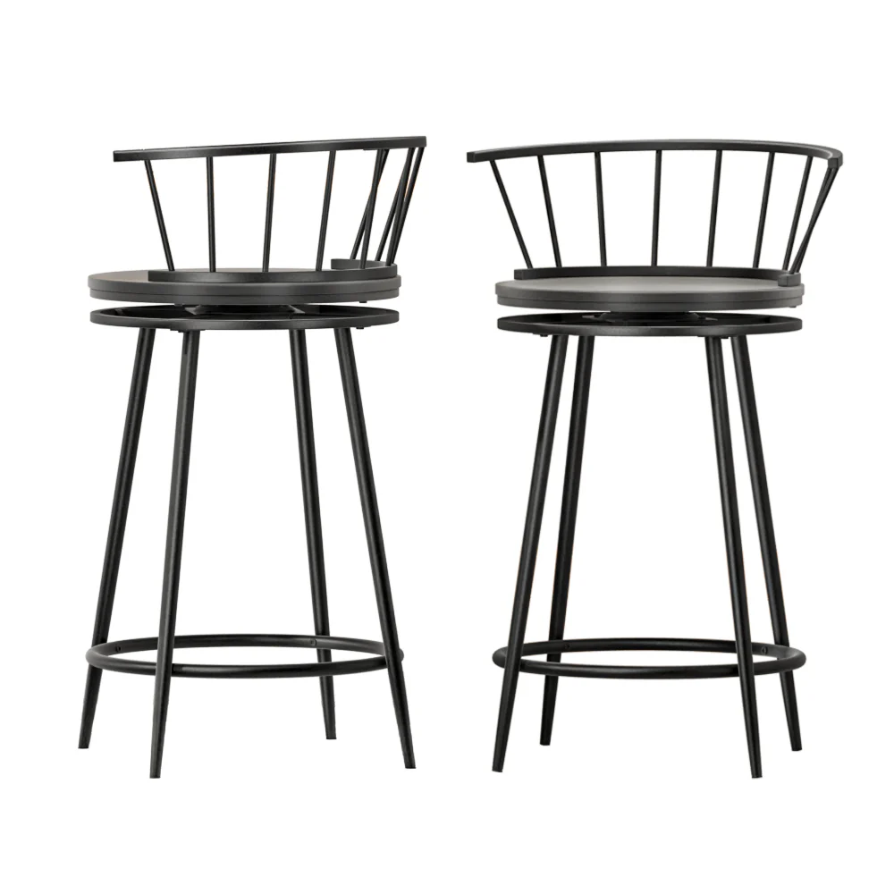 Set of 2 Berne Bar Stools Kitchen Stools Wooden Dining Chair Swivel Metal Chairs - Black - Nurns