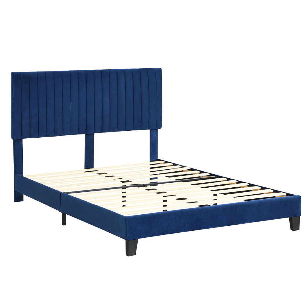 Cheyenne Bed Frame Base Platform Wooden Velvet with Headboard Blue - Queen - Nurns