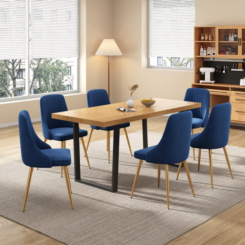 6-Piece Zelma Blue Dining Table & Chair Set Velvet - Nurns