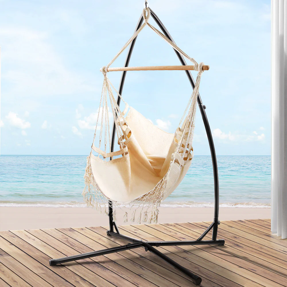 Hammock Chair with Steel Stand Hanging Outdoor Tassel - Cream - Nurns