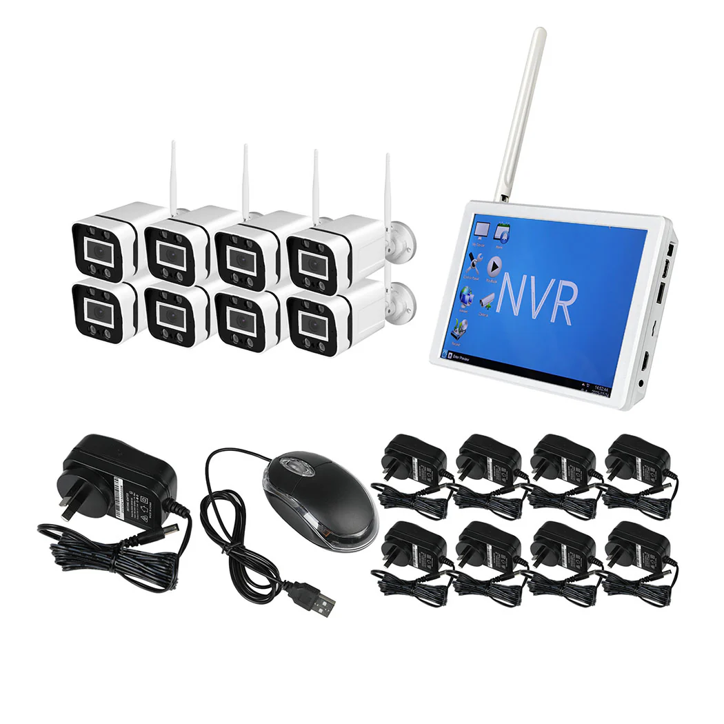 Set of 8 Wireless Security Camera System Set with Monitor Square - White - Nurns