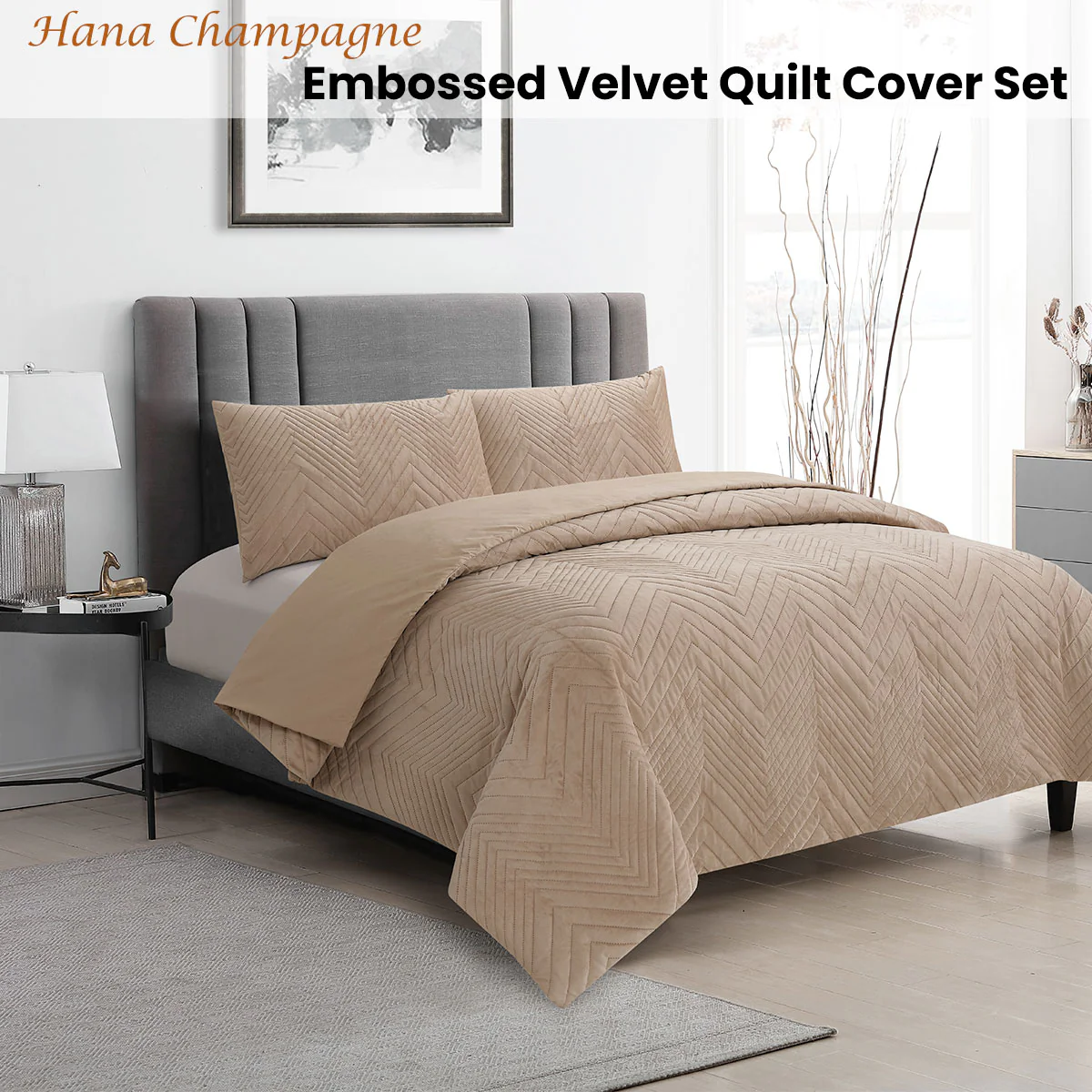 QUEEN Embossed Velvet Quilt Cover Set - Champagne - Nurns