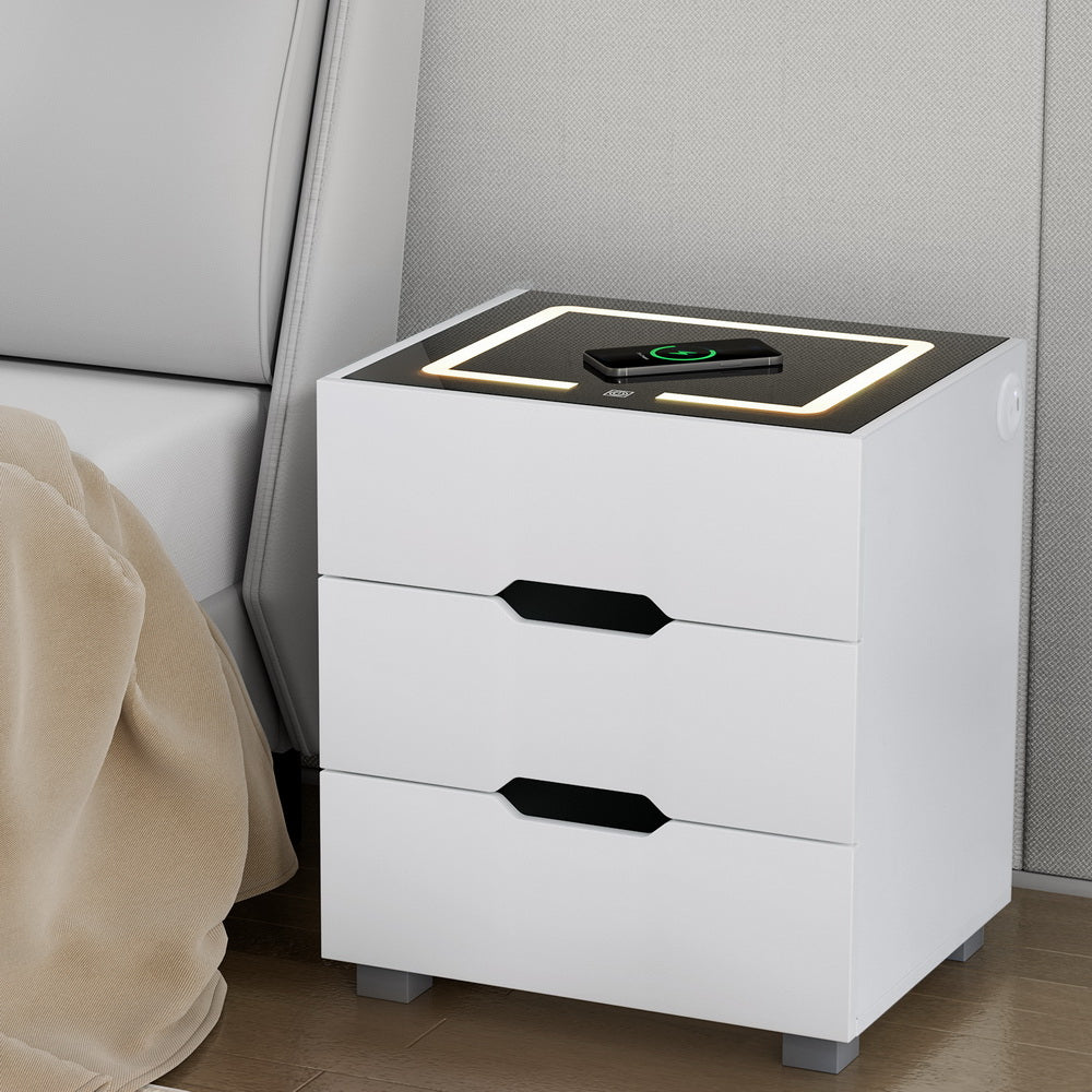 Grouse LED Bedside Tables Smart Wireless Charging Ports with 3 Drawers - White - Nurns