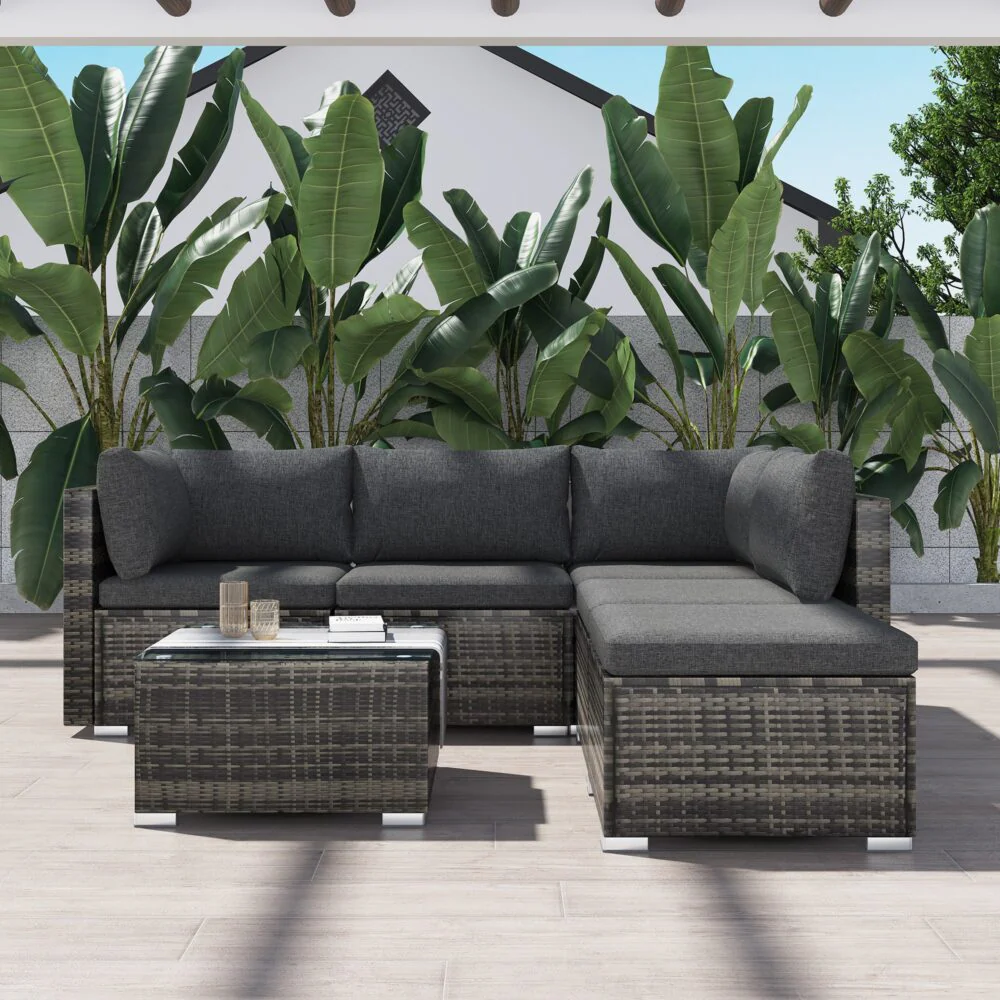Perry 5-Seater Ottoman Style Outdoor Lounge Set - Grey - Nurns